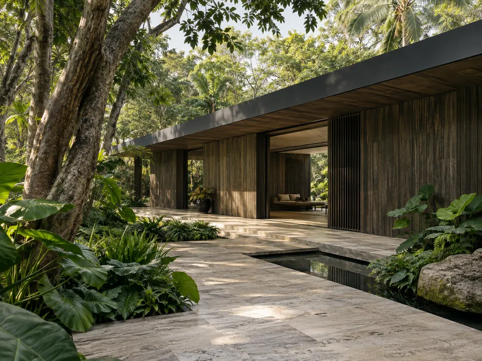 Monochrome timber pavilion in a grove of trees, with deep shade and a pale stone path